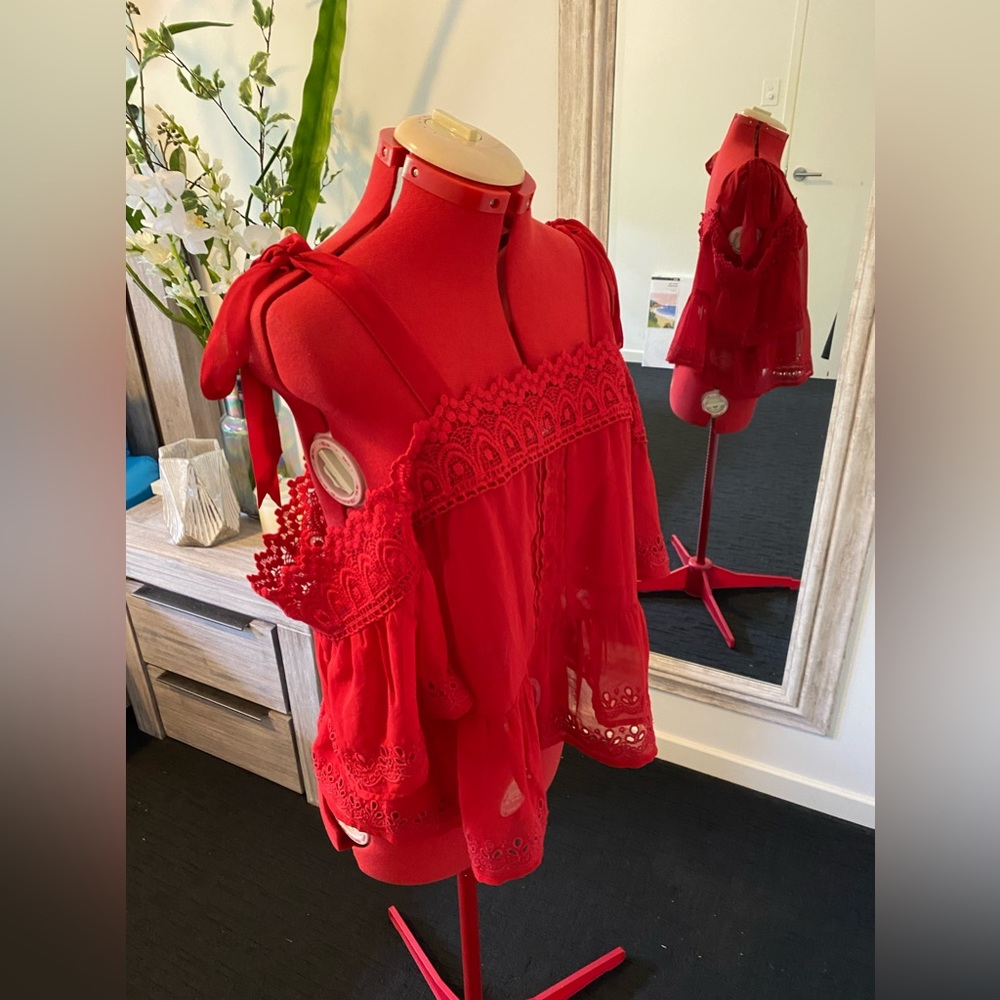 Size 16 Asos Red Lace Tie Shoulder Boho Top - Picture 9 of 10